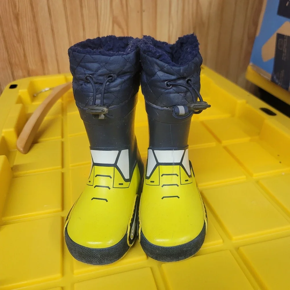 London Fog Kids Navy Yellow Construction Excavator Rain Boots Size 7 Toggle Fur